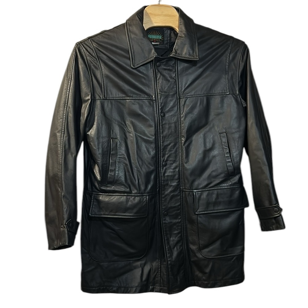 Men’s black leather jacket removable hood quilted zipper and snap XLT‎
